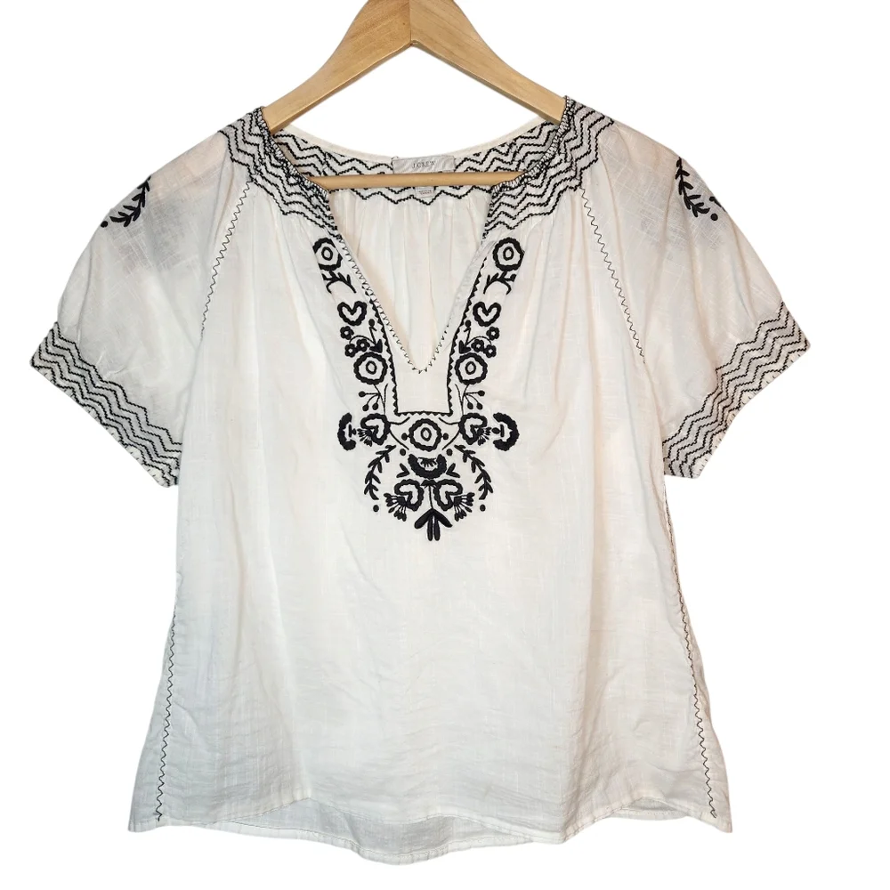 J. Crew Top Airy White Cotton Embroidered Short Puff Sleeve Gauze Boho Blouse 10